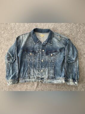 Democracy Denim Trucker Jacket Womens Size L Blue Stretch Distressed Faded